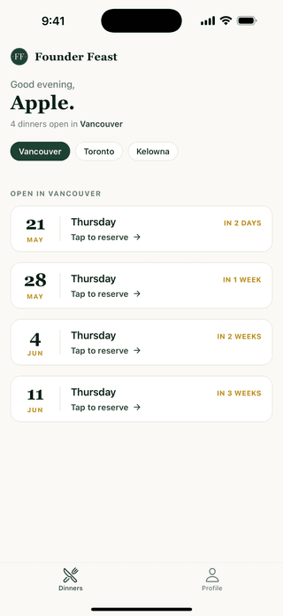 Founder Feast mobile app